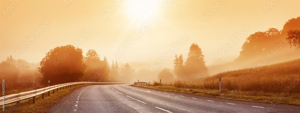 Black asphalt road with dividing line and safety fence in the morning mist.