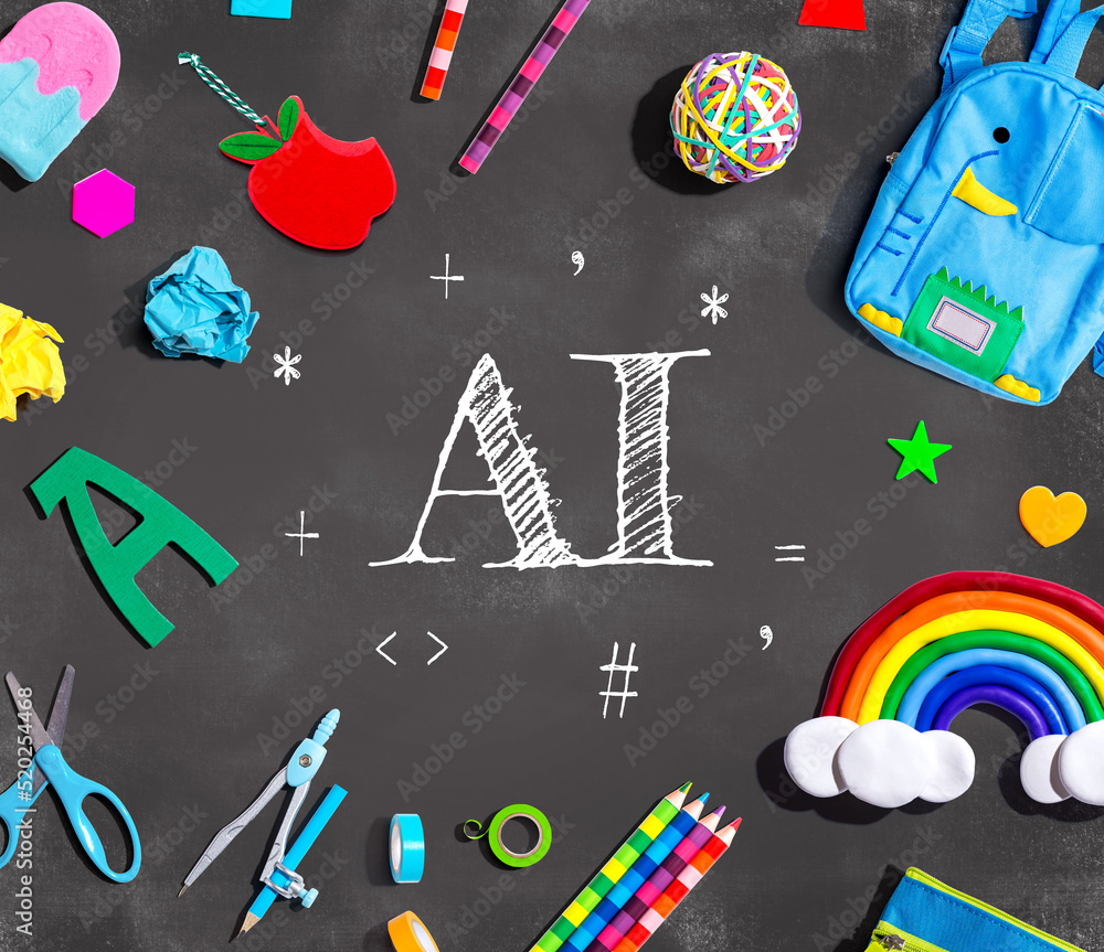 AI theme with school supplies on a chalkboard - flat lay