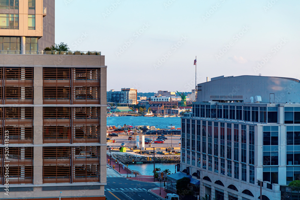 View of the Baltimore cityscape at twilight