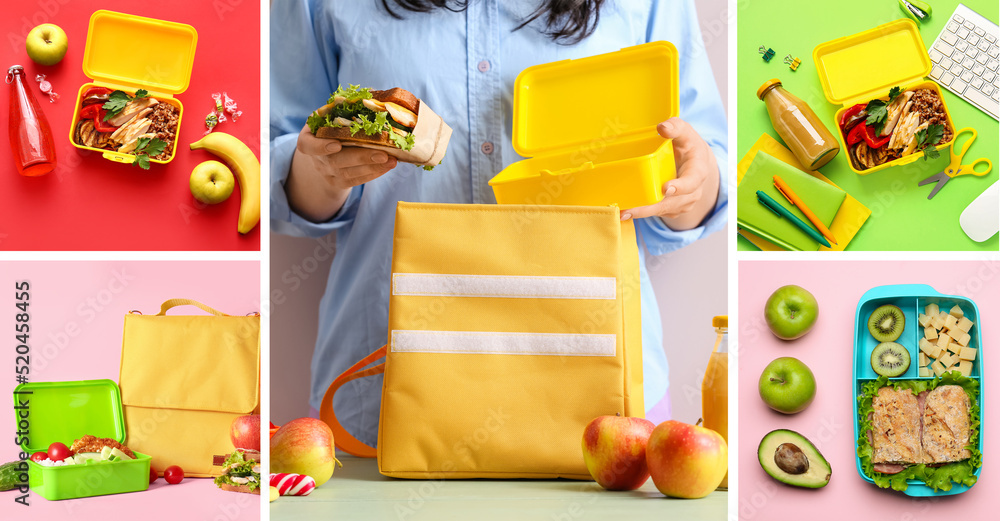 Collage with different lunch boxes and woman putting food in thermo bag