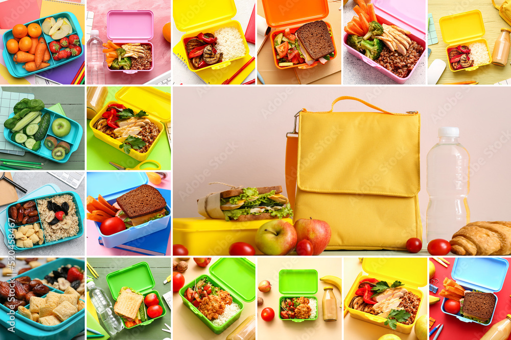 Collage with many different lunch boxes full of tasty food