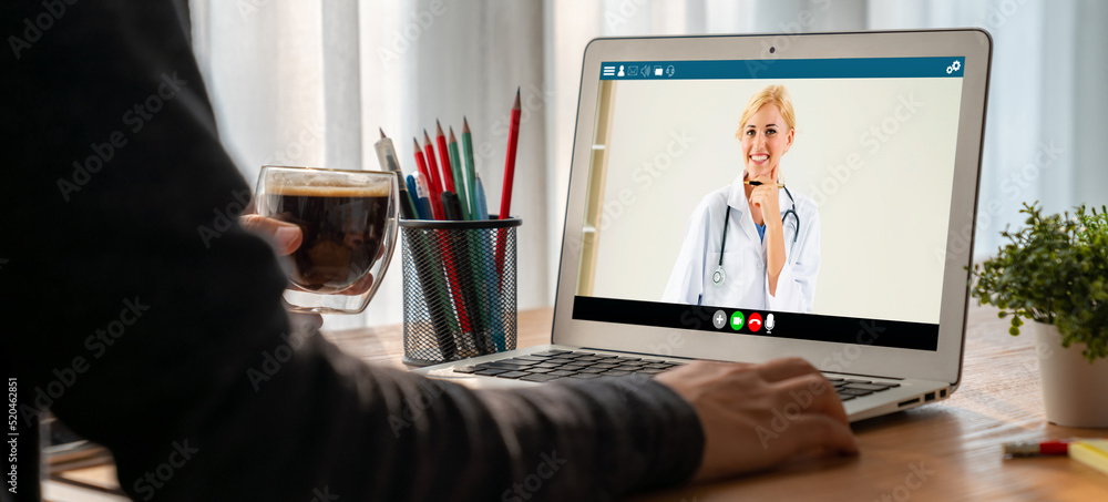 Doctor video call online by modish telemedicine software application for virtual meeting with patien