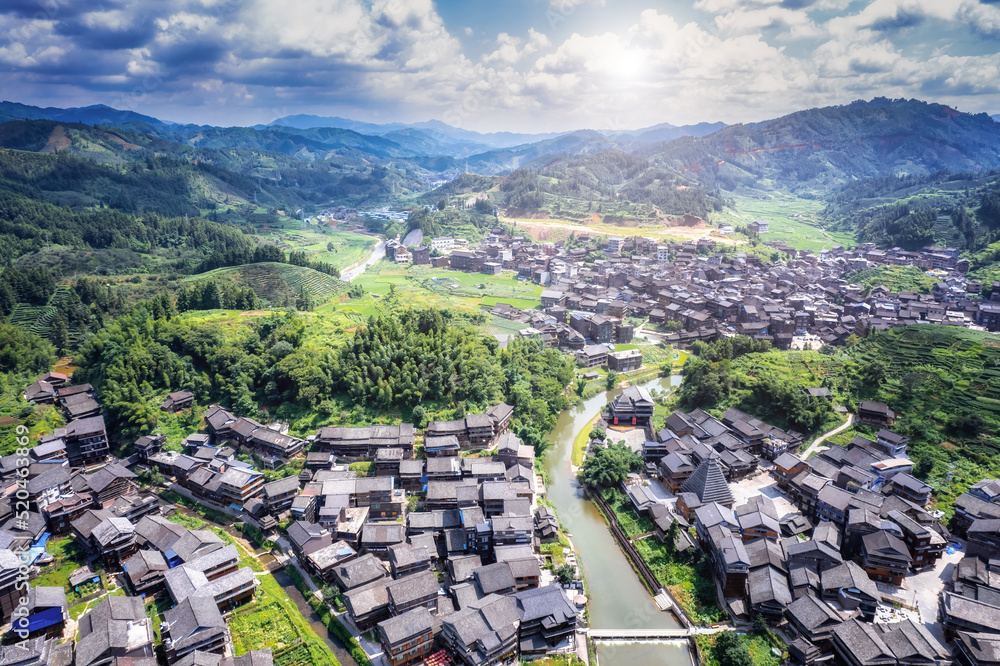 柳州三江城阳八寨田园风光全景航拍