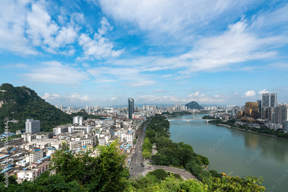 航拍中国柳州现代城市建筑景观天际线