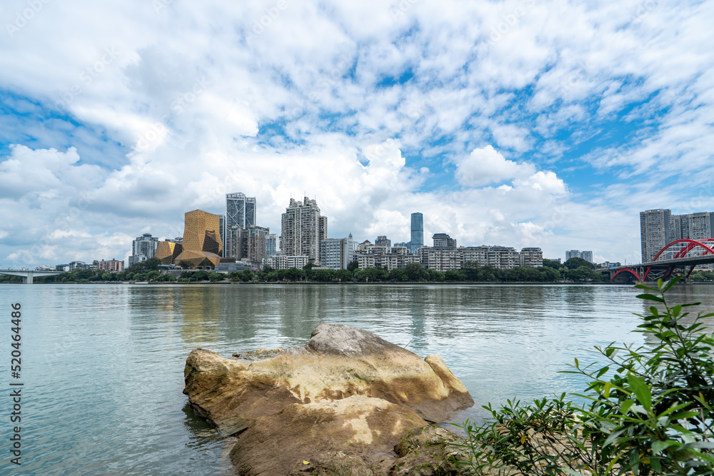 航拍中国柳州现代城市建筑景观天际线