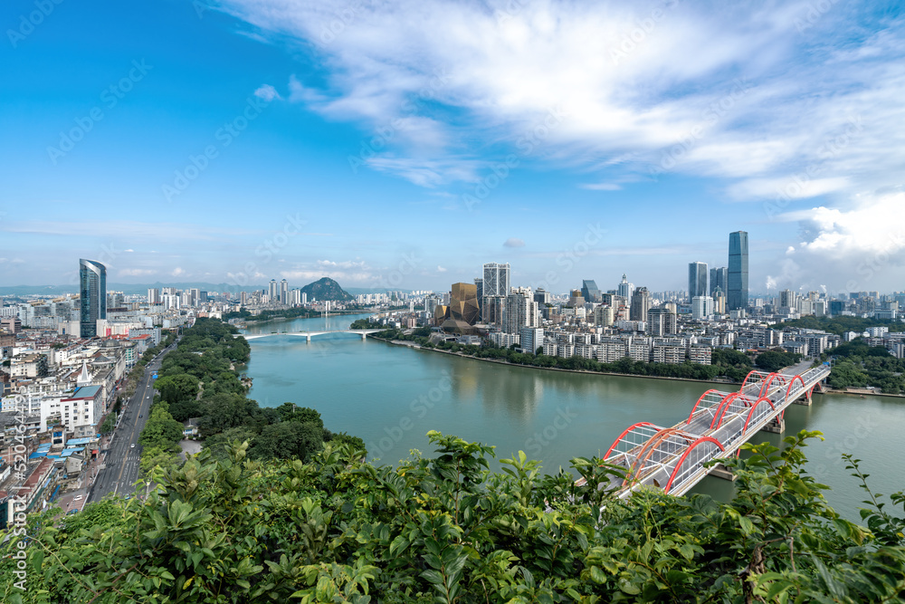 航拍中国柳州现代城市建筑景观天际线