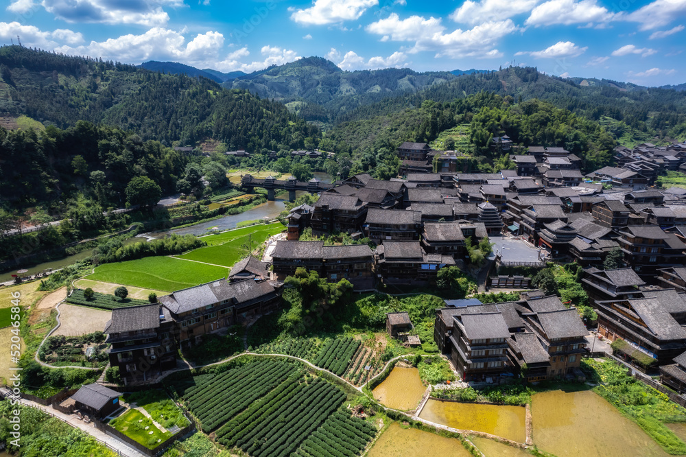 Aerial photography panorama of ancient dwellings in Chengyang Bazhai, Sanjiang