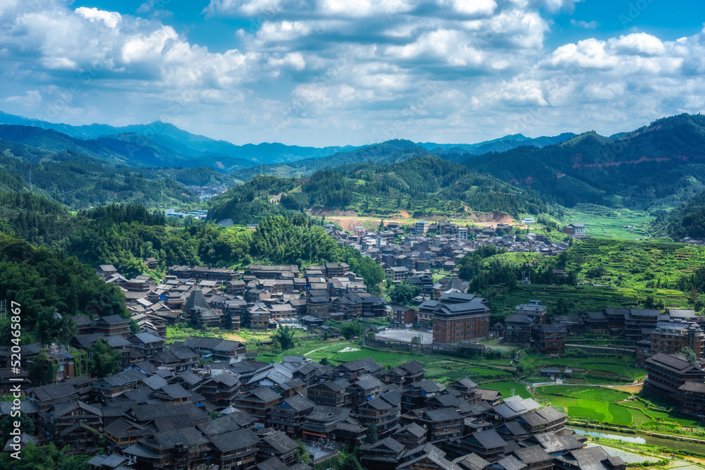 Aerial photography panorama of ancient dwellings in Chengyang Bazhai, Sanjiang