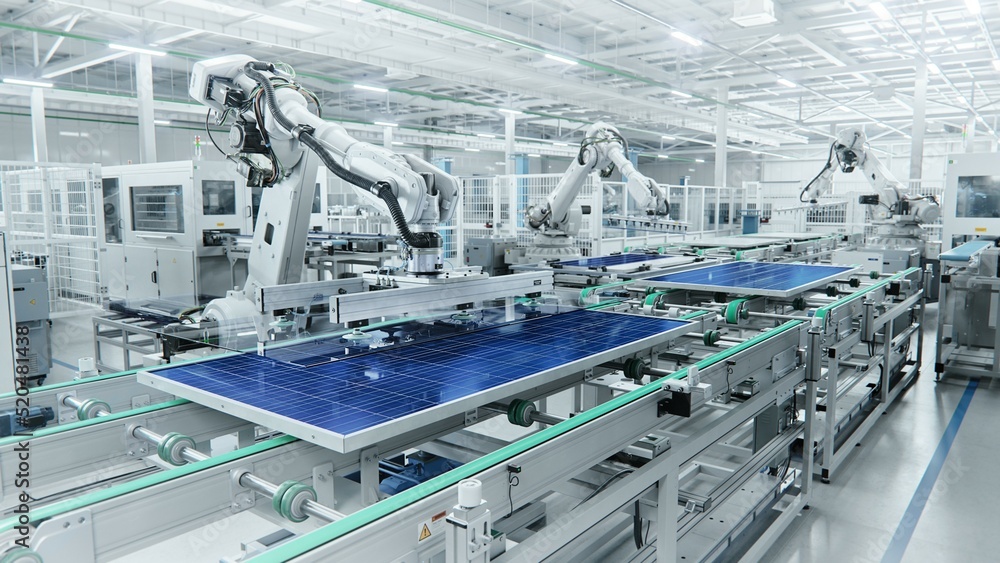 Wide Shot of Solar Panel Production Line with Robot Arms at Modern Bright Factory. Solar Panels are 