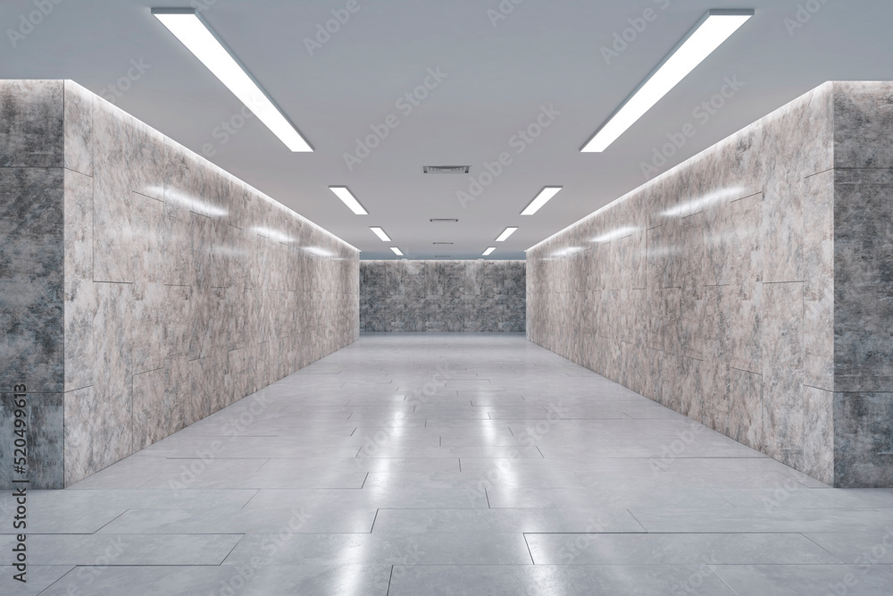 Modern marble underground hallway interior. Passage concept. 3D Rendering.