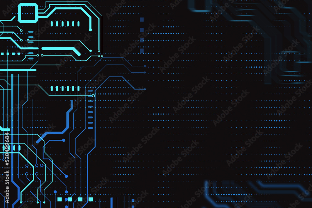 高科技传感器电路板面板。深色壁纸上的技术和数字通信概念