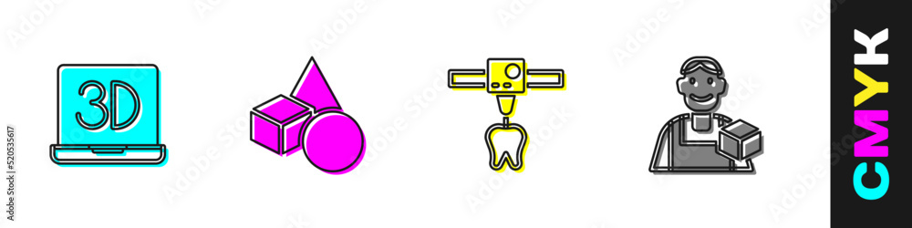 设置3D打印机，基本几何形状，牙齿和平面设计师图标。矢量