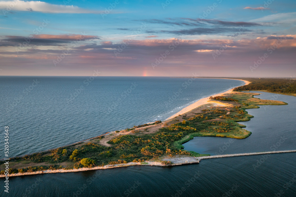 Aerial scenery of the beach by the Baltic Sea in Gdansk, Poland.