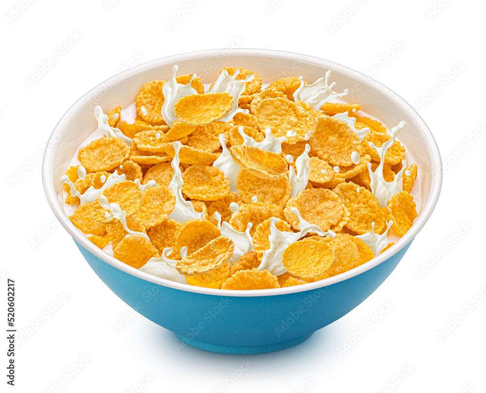 Corn flakes with milk splashes isolated on white background