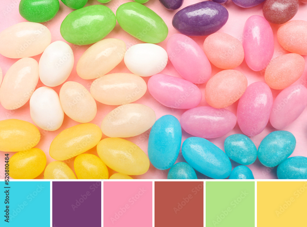 Sweet candies on pink background. Different color patterns