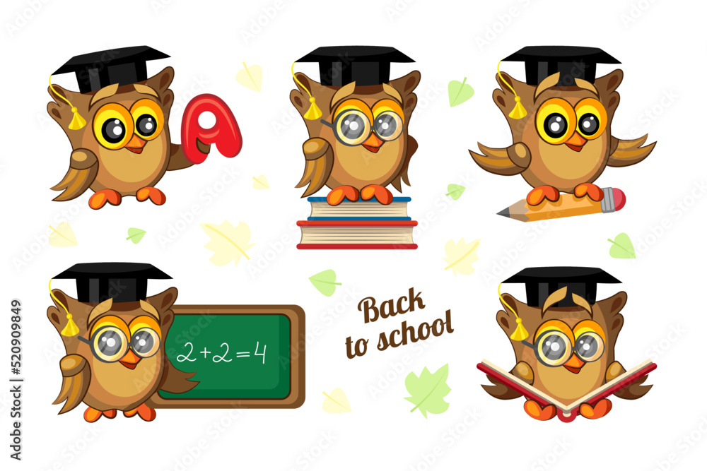 Set of cute owls in graduation hats on white background