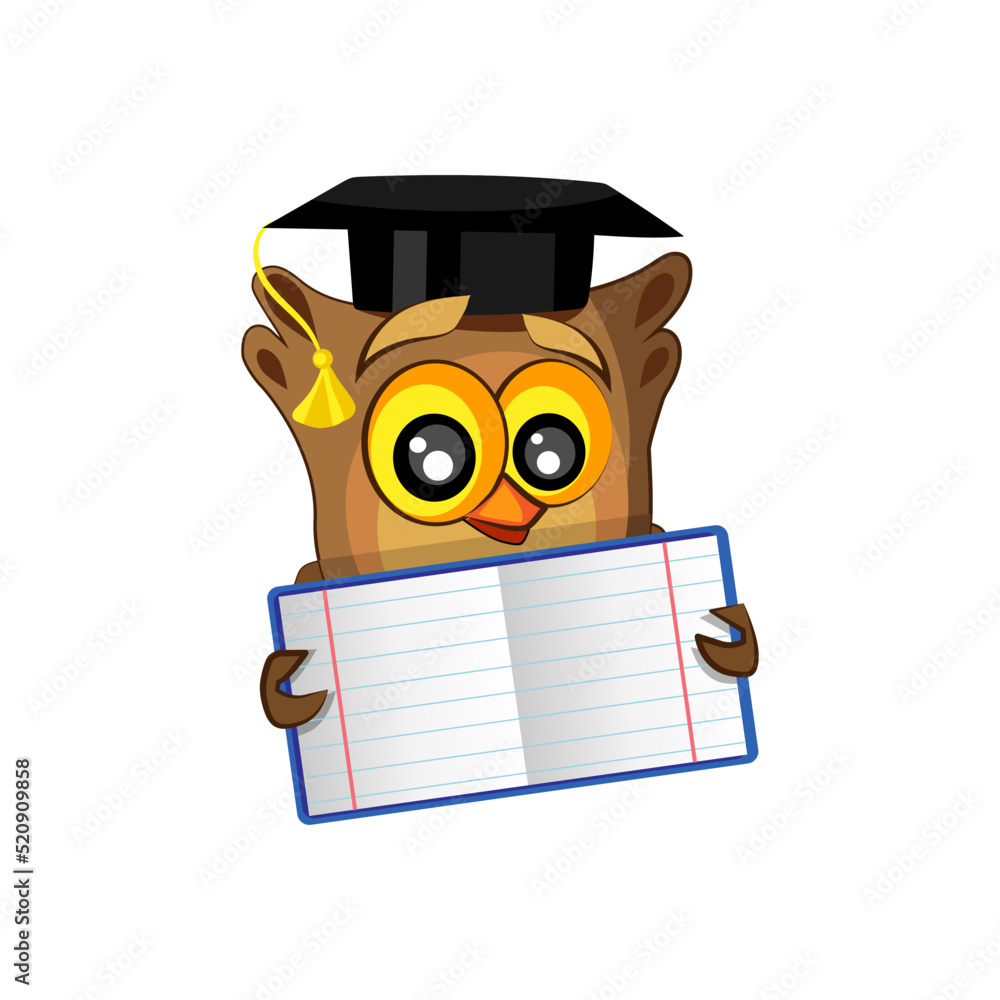 Cute owl in graduation hat and with notebook on white background