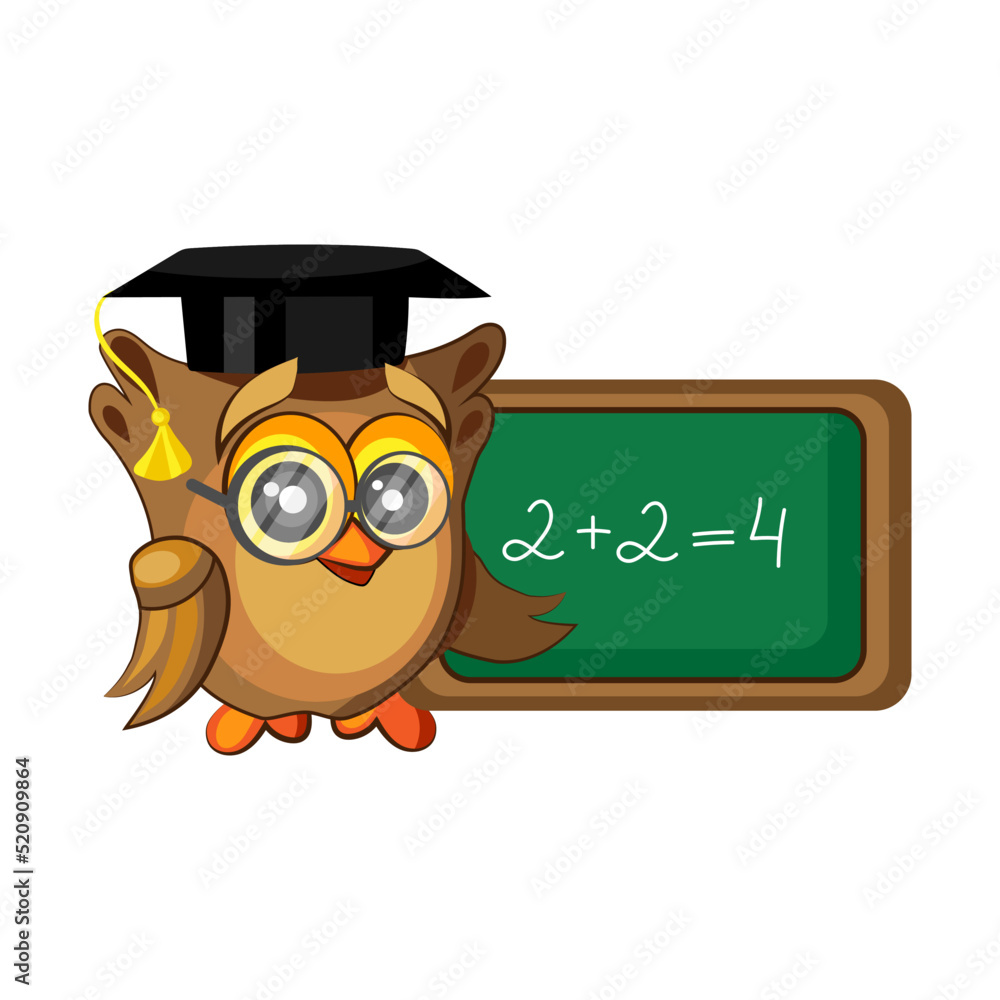 Cute owl in graduation hat and with blackboard on white background