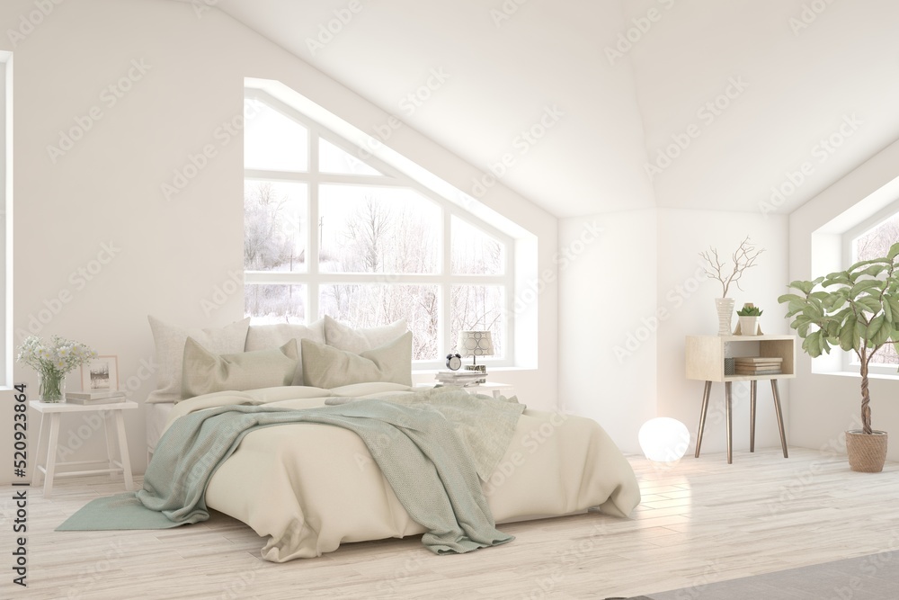 White bedroom interior. Scandinavian design. 3D illustration