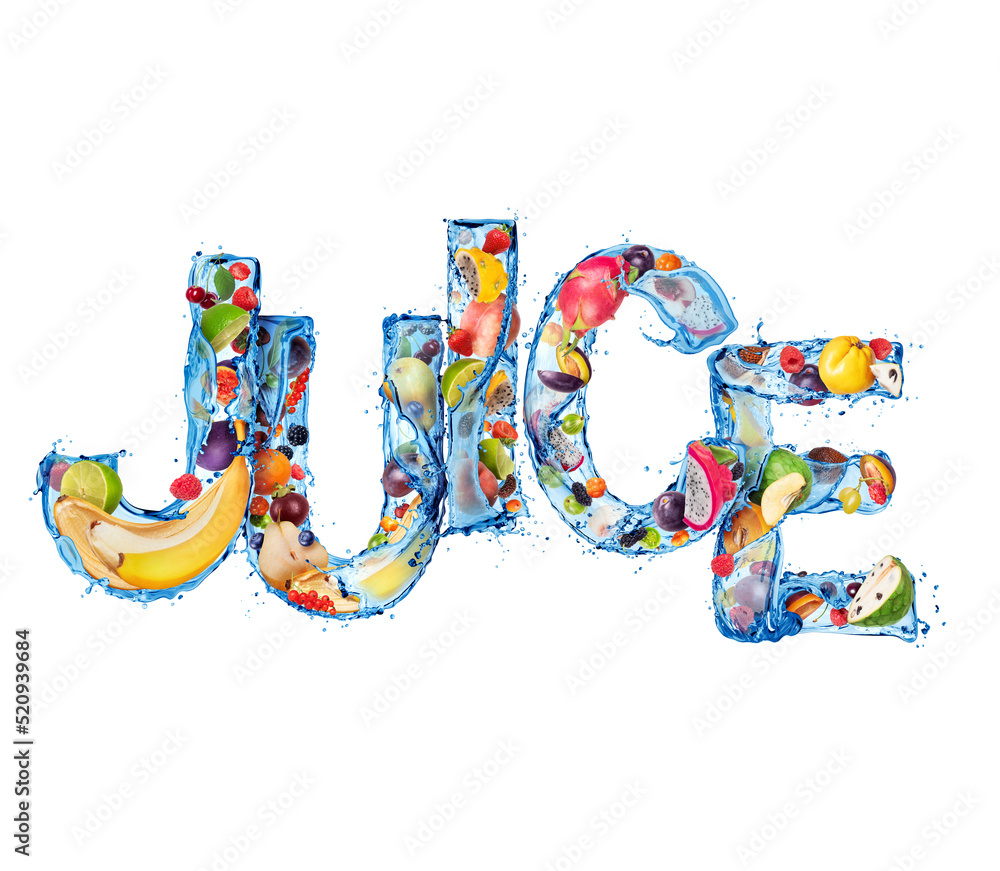 The word Juice made of water splashes with fruits and  berries, isolated on white background