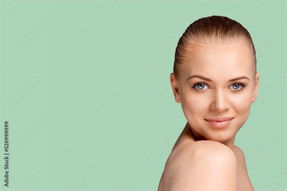 Beautiful female model has perfect shiny, glowing body, facial skin, after spa, cosmetic procedure