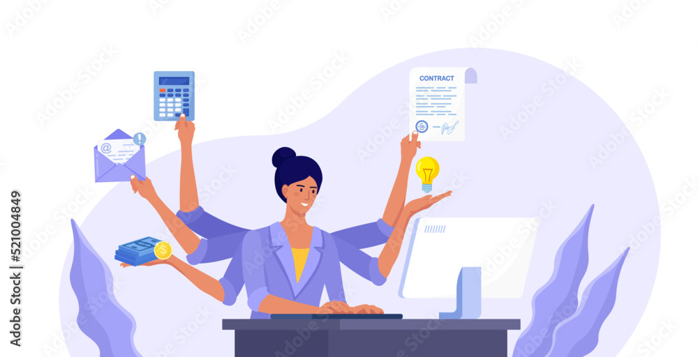 Business woman with many arms sitting at her laptop in office and doing many tasks at the same time.