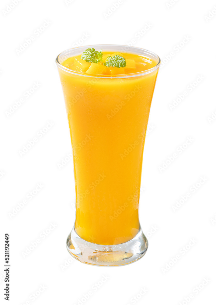 Fresh beautiful delicious mango juice smoothie in glass cup isolated on white background.