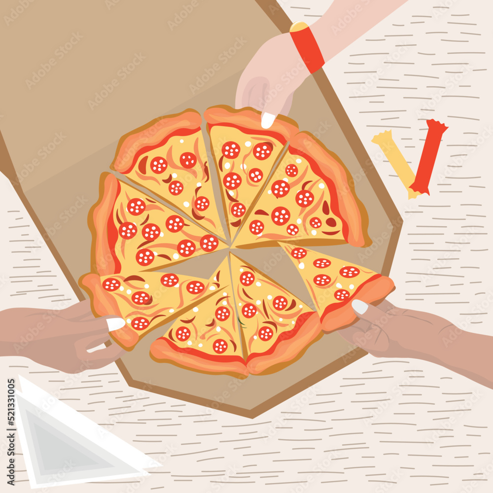 Hands taking pieces of tasty pizza from cardboard box, top view