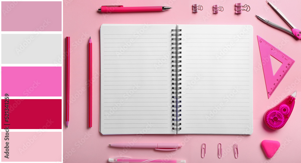 Blank notebook and set of stationery on pink background. Different color patterns