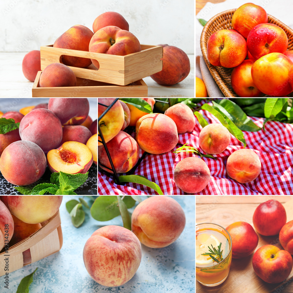 Collage with sweet ripe peaches