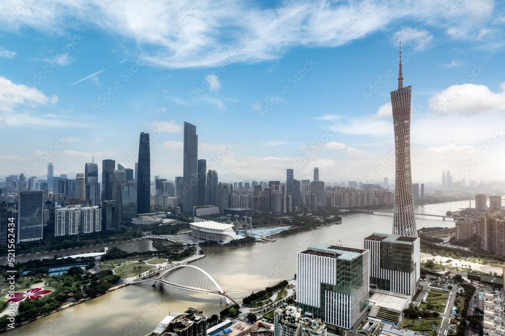 Aerial photography of urban buildings skylines on both sides of the Pearl River in Guangzhou, China