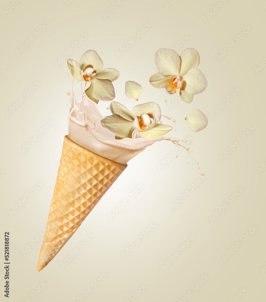 Splashes of ice cream with vanilla flowers