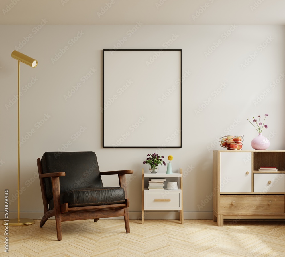 Mock up poster frame with leather armchair in modern interior background.