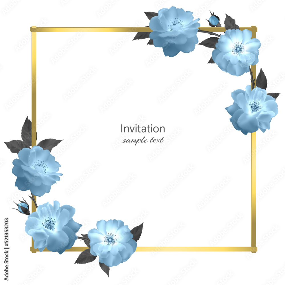 Rose. Blue. Flower. Golden frame. Bud. Floral background. Leaves.