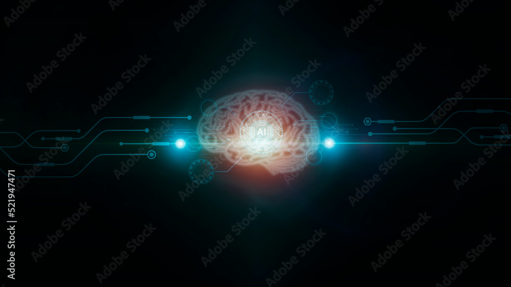 Futuristic design of an artificial intelligence and communications brain with circuit board,  Abstra