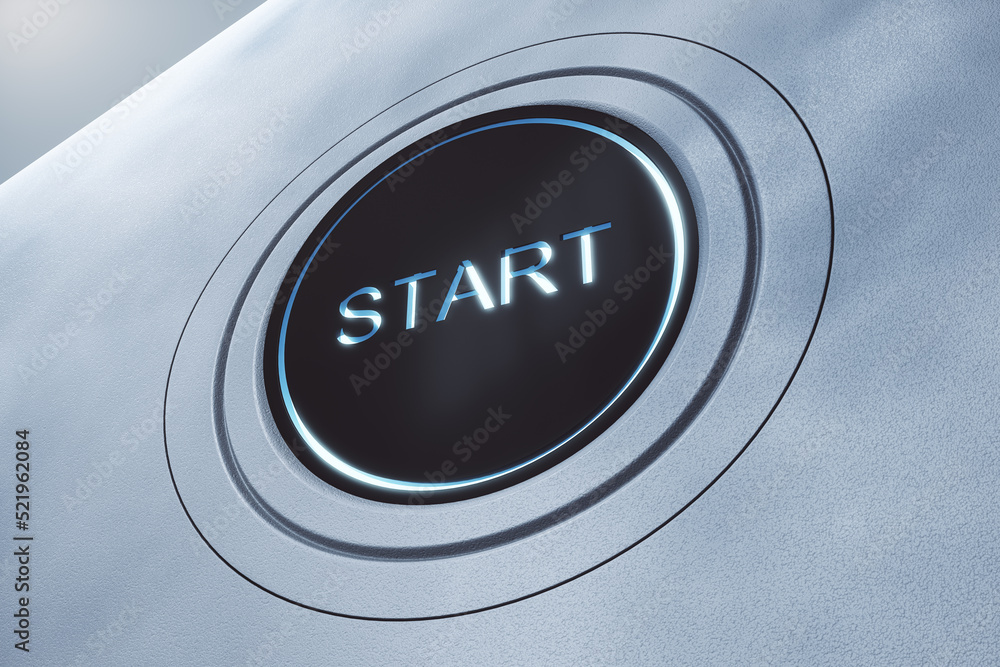 Creative shiny start button on light background. 3D Rendering.