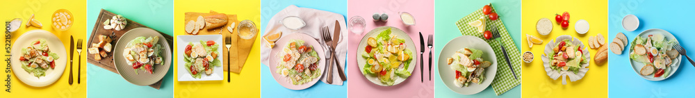 Collage with tasty Caesar salad on color background, top view