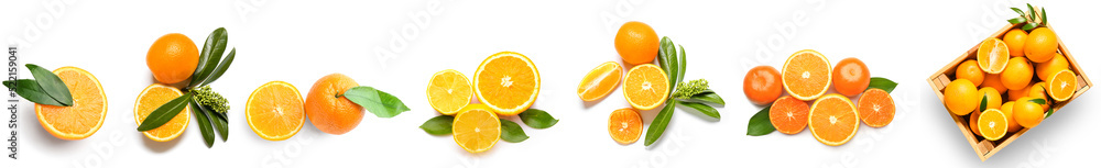 Set of sweet ripe oranges and tangerines isolated on white