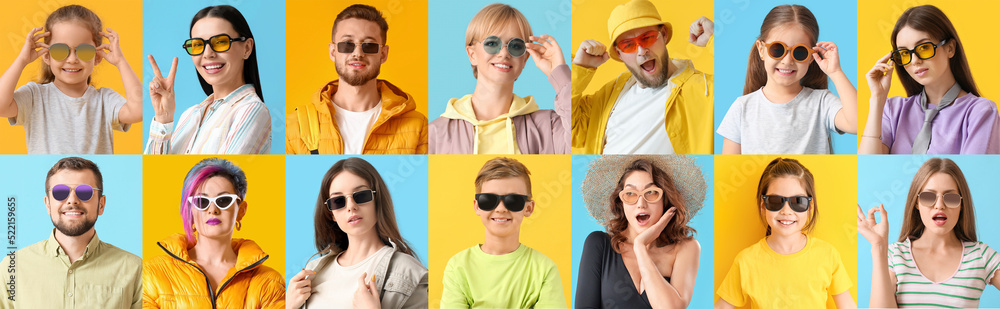 Group of different people in stylish sunglasses on blue and yellow background