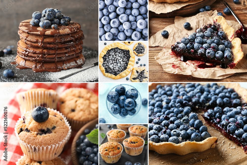 Collage of sweet blueberry desserts and fresh berries