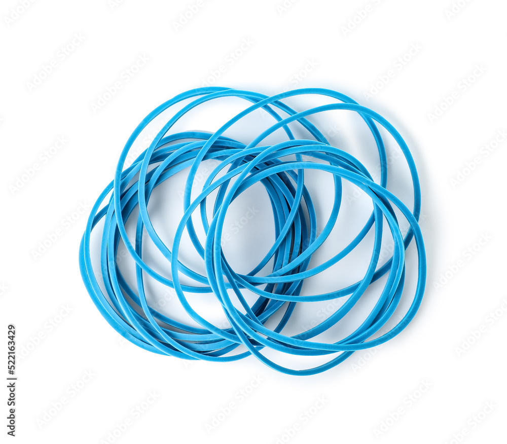 Heap of blue rubber bands on white background