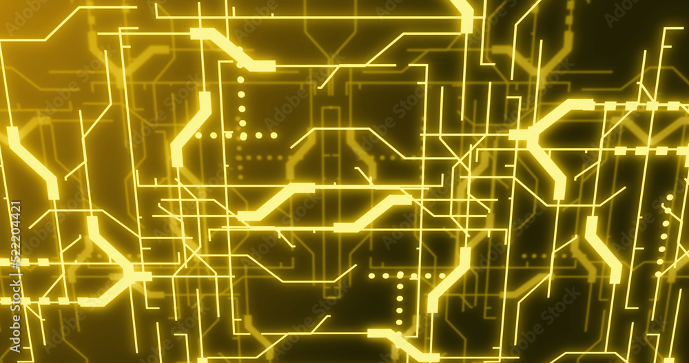 Image of neon integrated circuit on yellow background