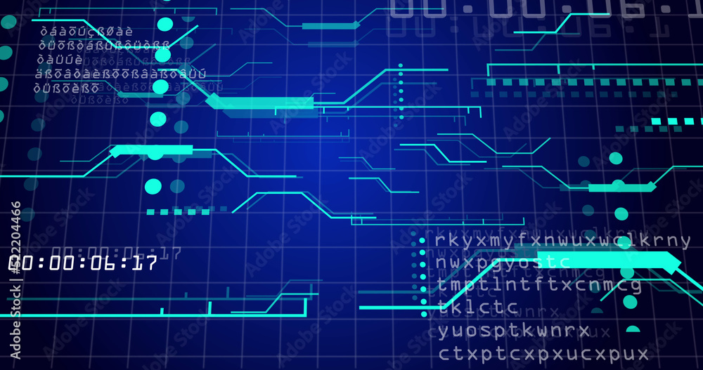 Image of neon integrated circuit and data on blue background