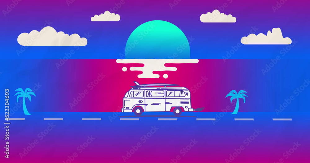 Image of sun over water, palm trees, bus and clouds on blue background