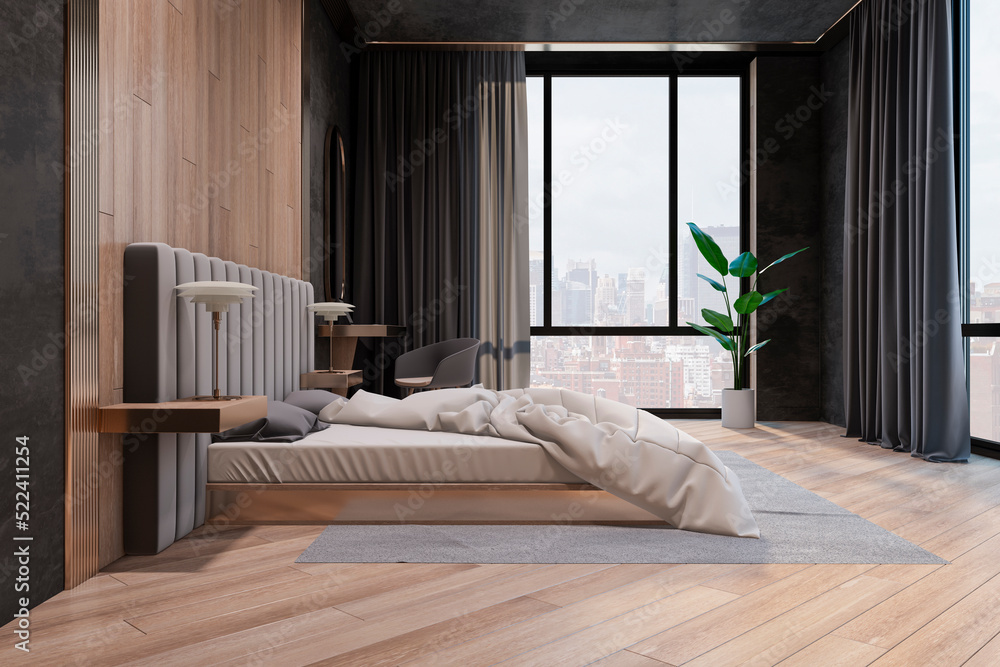 Light wooden and concrete stylish hotel bedroom interior with window and city view. Design concept. 