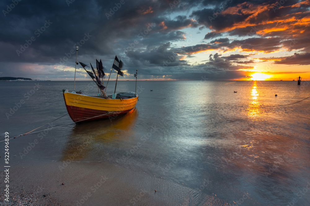 Beautiful sunrise on the beach of Baltic Sea in Sopot, Poland