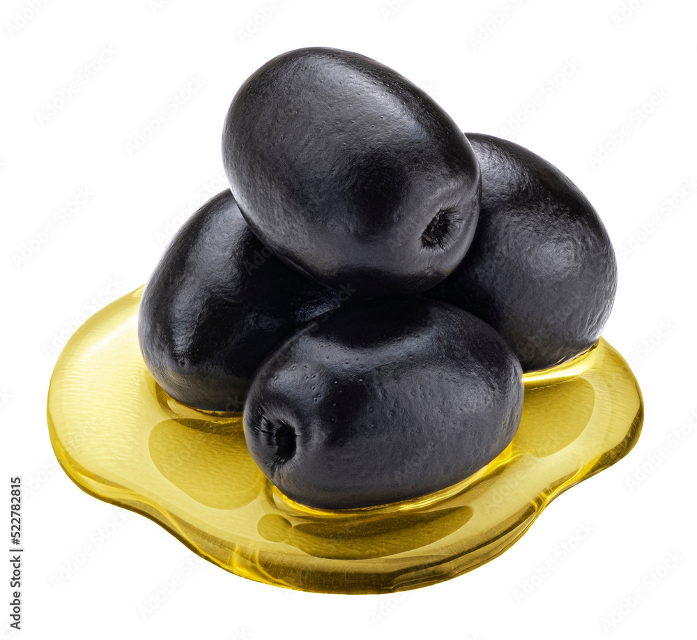 Black olives with flowing oil isolated on white background