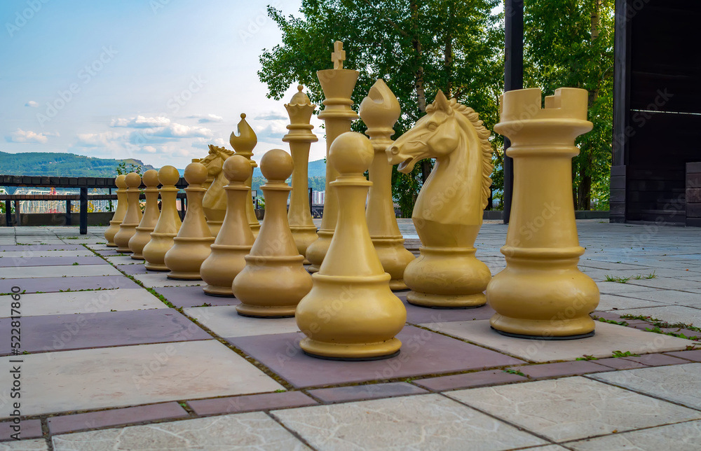 街头棋子排列在棋盘上。白色棋子。