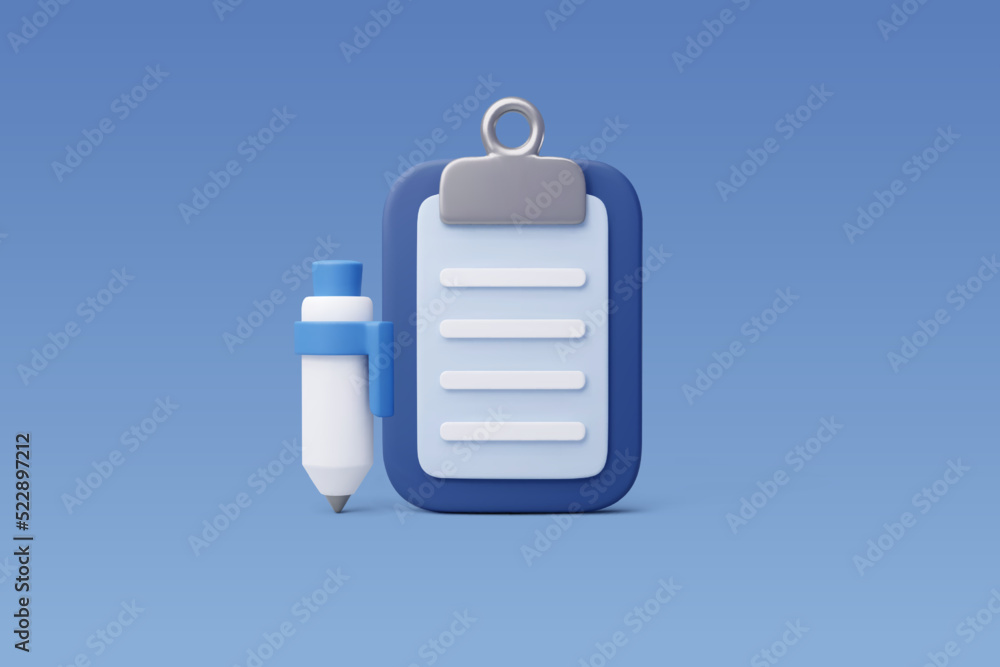 3d Vector Sheet of paper on clipboard with pen, Design for business concept.