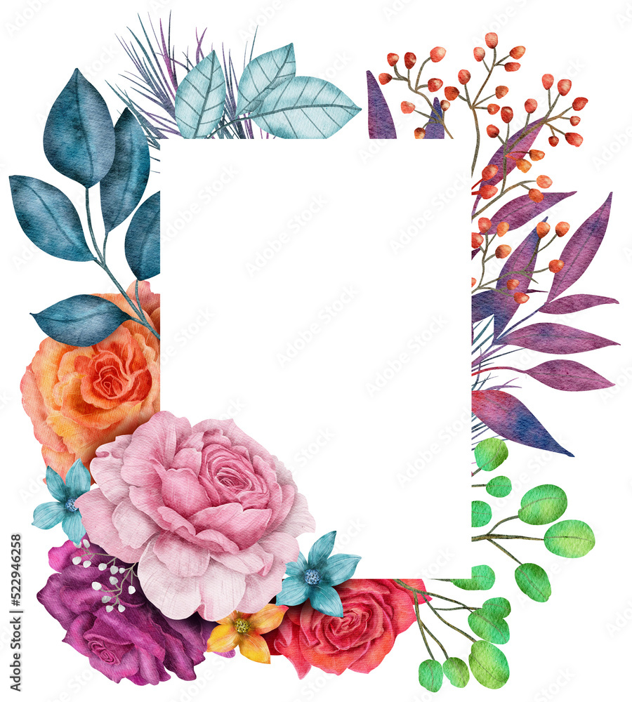 Colorful Rose flower Frame Watercolor